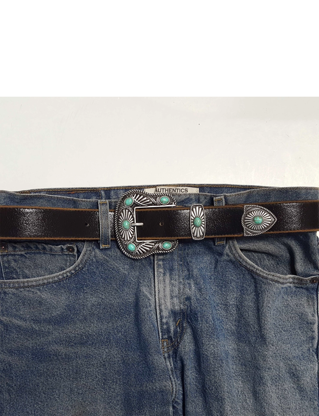 Vintage Leather Belt, Black/Blue Stone
