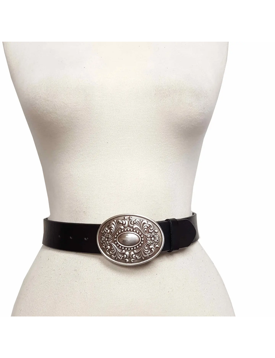 Silver Floral Buckle Belt, Black Leather